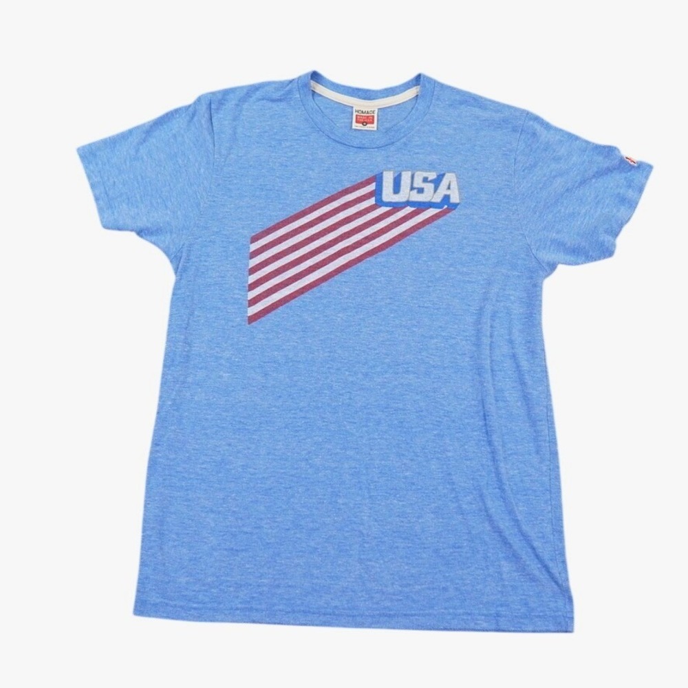 Homage USA Broad Stripes T-Shirt Mens M Blue Single Stitch USA Graphic Logo Tee